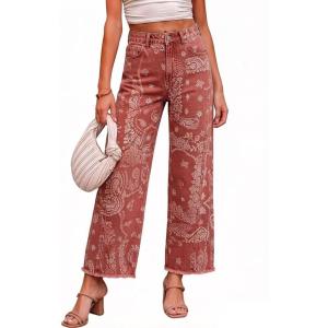 image:imageCHARTOU Women High Waisted Wide Leg Jeans Casual Stretchy Raw Hem Cropped Denim PantsPaisley