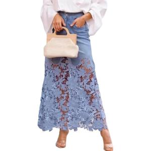 image:imageCHARTOU Women Lace Eyelet Patchwork Jean Skirt Boho Floral Mesh Sheer Long Denim Skirt with PocketsBlue