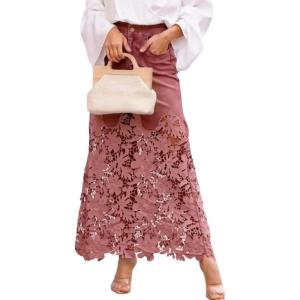 image:imageCHARTOU Women Lace Eyelet Patchwork Jean Skirt Boho Floral Mesh Sheer Long Denim Skirt with PocketsWine