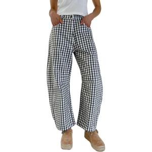 image:imageCHARTOU Women Plaid Gingham Barrel Pants Baggy Crop Wide Leg Pants Y2k Casual Cotton Trousers with PocketsBlack