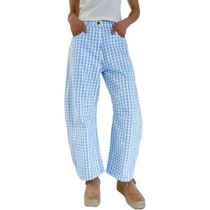 image:imageCHARTOU Women Plaid Gingham Barrel Pants Baggy Crop Wide Leg Pants Y2k Casual Cotton Trousers with PocketsBlue