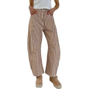 image:imageCHARTOU Women Plaid Gingham Barrel Pants Baggy Crop Wide Leg Pants Y2k Casual Cotton Trousers with PocketsBrown