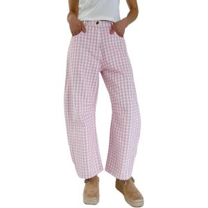 image:imageCHARTOU Women Plaid Gingham Barrel Pants Baggy Crop Wide Leg Pants Y2k Casual Cotton Trousers with PocketsPink