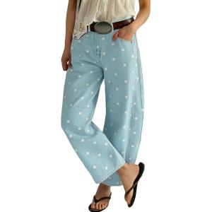 image:imageCHARTOU Women Polka Dot Barrel Jeans Baggy Y2k Denim Wide Leg Pants Boyfriend Mid Rise Ankle Jean SweatpantsBlue