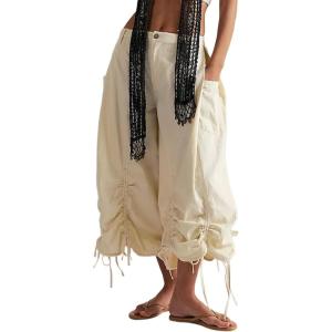 image:imageCHARTOU Women Ruffle Cropped Jeans Cargo Exaggerated Wide Leg Jeans Baggy Drawstring Culotte Denim PantsBeige