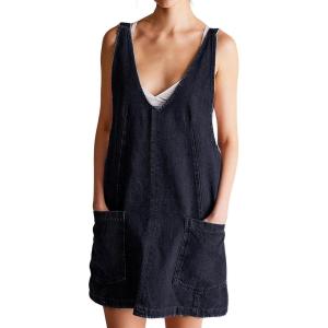 image:imageCHARTOU Women Sleeveless Denim Overall Dress Short Jean Jumper Summer Mini Dress Babydoll Pinafore Skirtall PocketBlack