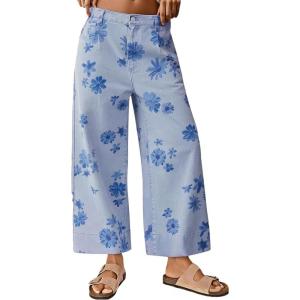 image:imageCHARTOU Women Summer Wide Leg Crop Denim Pants Back Elastic Waist Boho Floral Ankle JeansLight Blue