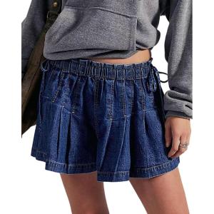 image:imageCHARTOU Women Summer Y2k Pleated Flare Jean Shorts Denim Lightweight Elastic Waist Bow Tie Croquet ShortsDark Blue
