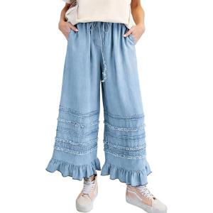 image:imageCHARTOU Women Tiered Ruffle Wide Leg Denim Pants Drawstring Elastic High Waisted Frayed Boho Jeans with PocketsLight Blue
