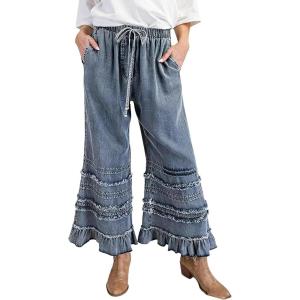 image:imageCHARTOU Women Tiered Ruffle Wide Leg Denim Pants Drawstring Elastic High Waisted Frayed Boho Jeans with PocketsNavy Blue