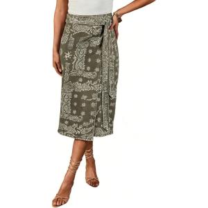 image:imageCHARTOU Women Western Wrap Denim Skirt Floral Print High Waist Tie Side Slit Midi Jean Pencil SkirtsGreen