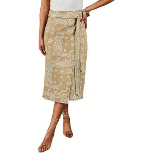 image:imageCHARTOU Women Western Wrap Denim Skirt Floral Print High Waist Tie Side Slit Midi Jean Pencil SkirtsKhaki