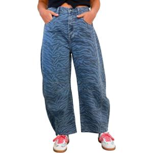 image:imageCHARTOU Women Y2k Barrel Jeans Baggy Zebra Print Denim Wide Leg Pants Cropped Cargo Jean SweatpantsBlue