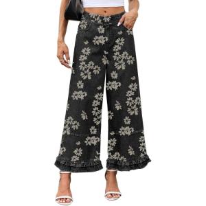 image:imageCHARTOU Women Y2k Crop Ruffle Hem Wide Leg Jeans Baggy Floral Print Patchwork Ankle Denim Pants with PocketsBlack