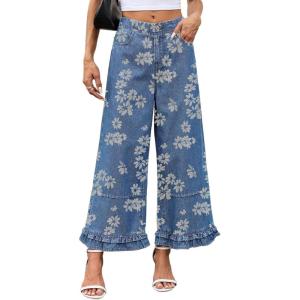 image:imageCHARTOU Women Y2k Crop Ruffle Hem Wide Leg Jeans Baggy Floral Print Patchwork Ankle Denim Pants with PocketsBlue