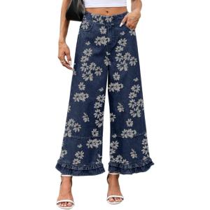 image:imageCHARTOU Women Y2k Crop Ruffle Hem Wide Leg Jeans Baggy Floral Print Patchwork Ankle Denim Pants with PocketsDark Blue