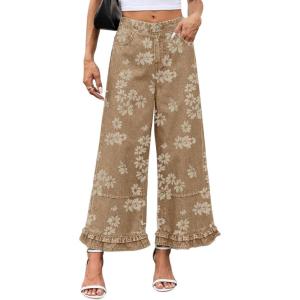 image:imageCHARTOU Women Y2k Crop Ruffle Hem Wide Leg Jeans Baggy Floral Print Patchwork Ankle Denim Pants with PocketsKhaki