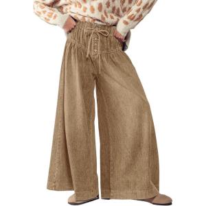 image:imageCHARTOU Womens Baggy Wide Leg Denim Pants Drawstring Midi Waisted Flare Jeans Ruffle Pleated Button JeansKhaki