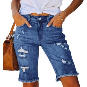 image:imageCHARTOU Womens Denim Bermuda Shorts Distressed Ripped Stretchy Jean Shorts with PocketsDark Blue