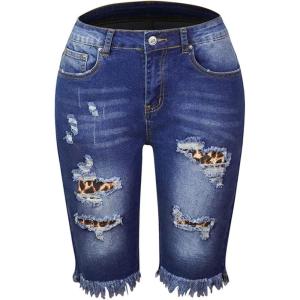 image:imageCHARTOU Womens Denim Bermuda Shorts Distressed Ripped Stretchy Jean Shorts with PocketsLeopard01