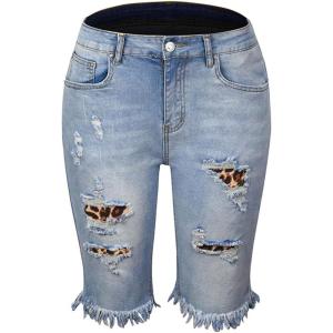 image:imageCHARTOU Womens Denim Bermuda Shorts Distressed Ripped Stretchy Jean Shorts with PocketsLeopard02