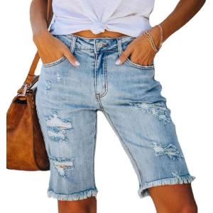 image:imageCHARTOU Womens Denim Bermuda Shorts Distressed Ripped Stretchy Jean Shorts with PocketsLight Blue