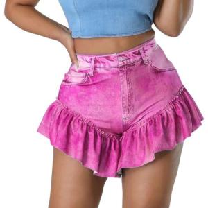 image:imageCHARTOU Womens Sexy High Waist Ruffled Flare Bottom Flowy Denim Jeans Mini ShortsRose