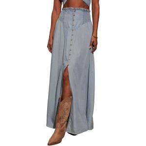 image:imageCHARTOU Womens Smocked High Waisted Button Fly Maxi Jean Skirts Lightweight Denim Flowy Long Skirt with SlitBlue