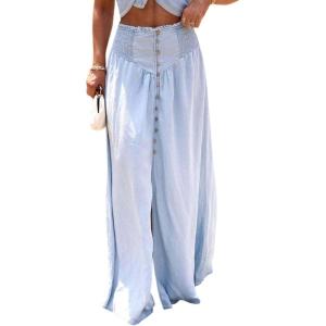 image:imageCHARTOU Womens Smocked High Waisted Button Fly Maxi Jean Skirts Lightweight Denim Flowy Long Skirt with SlitLight Blue