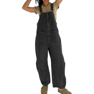 image:imageCHARTOU Y2k Barrel Jeans Overalls Womens Boyfriend Denim Jumpsuit Cargo Patchwork Baggy Jeans Cropped PantsBlack