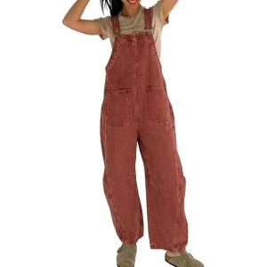 image:imageCHARTOU Y2k Barrel Jeans Overalls Womens Boyfriend Denim Jumpsuit Cargo Patchwork Baggy Jeans Cropped PantsRed