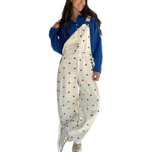 image:imageCHARTOU Y2k Polka Dot Barrel Jeans Overalls for Women Baggy Denim Jumpsuit Cargo Wide Leg Pants with PocketsChocolate Brown