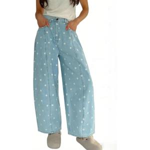 image:imageCHARTOU Y2k Polka Dot Barrel Jeans Women Seam Front Baggy Jeans Casual High Waist Wide Leg Denim PantsBlue