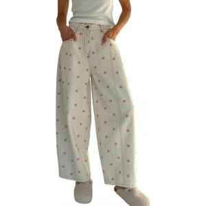 image:imageCHARTOU Y2k Polka Dot Barrel Jeans Women Seam Front Baggy Jeans Casual High Waist Wide Leg Denim PantsPink