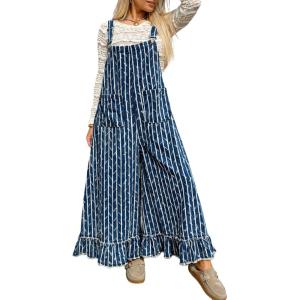image:imageCHARTOU Y2k Ruffle Hem Pin Striped Denim Overalls for Women Distressed Baggy Crop Wide Leg Jeans JumpsuitsDark Blue