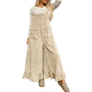 image:imageCHARTOU Y2k Ruffle Hem Pin Striped Denim Overalls for Women Distressed Baggy Crop Wide Leg Jeans JumpsuitsKhaki