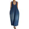 image:imageCHARTOU Women Long Tank Denim Dress Casual Loose U Neck Pleated Overall Dress Jean Jumpsuit with PocketsBlue