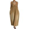 image:imageCHARTOU Women Long Tank Denim Dress Casual Loose U Neck Pleated Overall Dress Jean Jumpsuit with PocketsKhaki