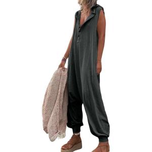 image:imageCHARTOU Women Button Sleeveless Jumpsuit Hooded Romper Lounge Romper Pants Harem Jumpsuit Cargo Pockets SmallDark grey