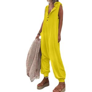 image:imageCHARTOU Women Button Sleeveless Jumpsuit Hooded Romper Lounge Romper Pants Harem Jumpsuit Cargo Pockets XLargeBright yellow