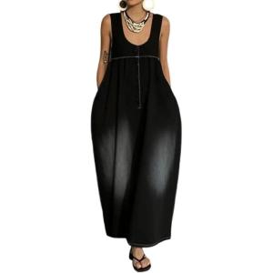 image:imageCHARTOU Women Long Tank Denim Dress Casual Loose U Neck Pleated Overall Dress Jean Jumpsuit with PocketsBlack
