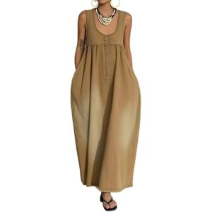 image:imageCHARTOU Women Long Tank Denim Dress Casual Loose U Neck Pleated Overall Dress Jean Jumpsuit with PocketsKhaki