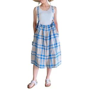 image:imageCHARTOU Women Plaid Gingham Romper Overalls Summer Cotton Linen Capri Wide Leg Pants Cute Bib JumpsuitsBlue