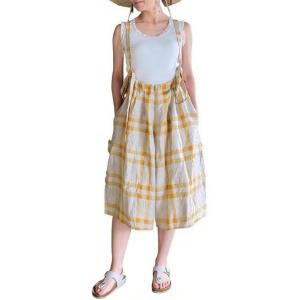 image:imageCHARTOU Women Plaid Gingham Romper Overalls Summer Cotton Linen Capri Wide Leg Pants Cute Bib JumpsuitsKhaki