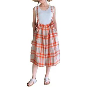 image:imageCHARTOU Women Plaid Gingham Romper Overalls Summer Cotton Linen Capri Wide Leg Pants Cute Bib JumpsuitsOrange