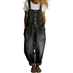 image:imageCHARTOU Women Y2k Denim Overalls Adjustable Straps Button Wide Leg Barrel Jeans Loose Baggy Jumpsuit with PocketsBlack