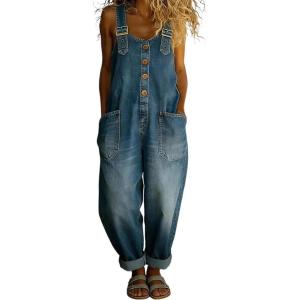 image:imageCHARTOU Women Y2k Denim Overalls Adjustable Straps Button Wide Leg Barrel Jeans Loose Baggy Jumpsuit with PocketsBlue