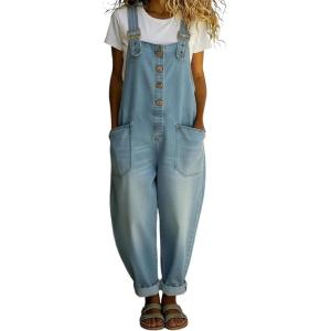 image:imageCHARTOU Women Y2k Denim Overalls Adjustable Straps Button Wide Leg Barrel Jeans Loose Baggy Jumpsuit with PocketsLight Blue