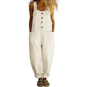 image:imageCHARTOU Women Y2k Denim Overalls Adjustable Straps Button Wide Leg Barrel Jeans Loose Baggy Jumpsuit with PocketsWhite