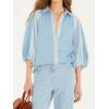image:imageCHARTOU Women 34 Puff Sleeve Denim Shirt Button Down Lace Patchwork Jean Blouse Casual Oversized TopBlue